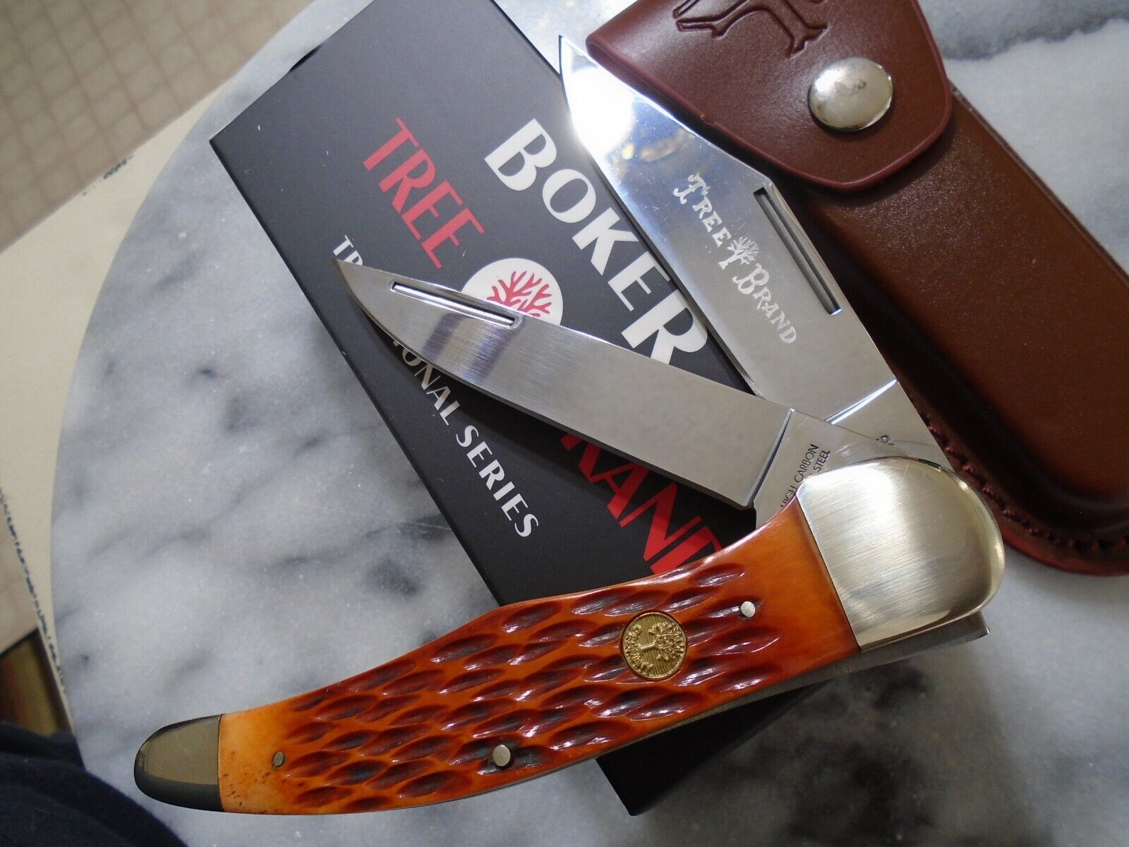 Boker Tree Brand Germany 2 Blade Folding Hunter Pocket Knife HCSS Brown Bone