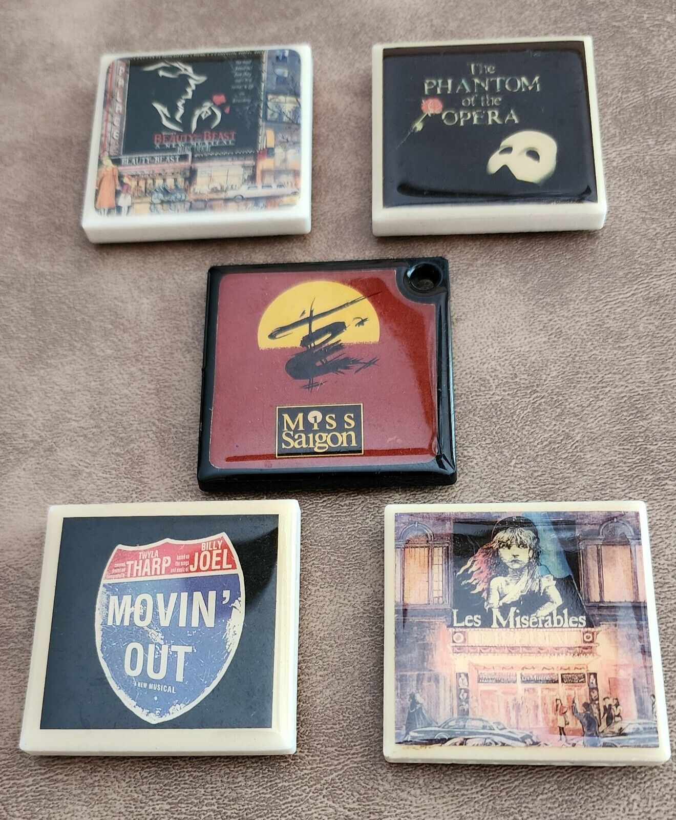 Lot Of 5 Collectible Ceramic Broadway Magnets:Phantom, Saigon, Les Miserable,etc
