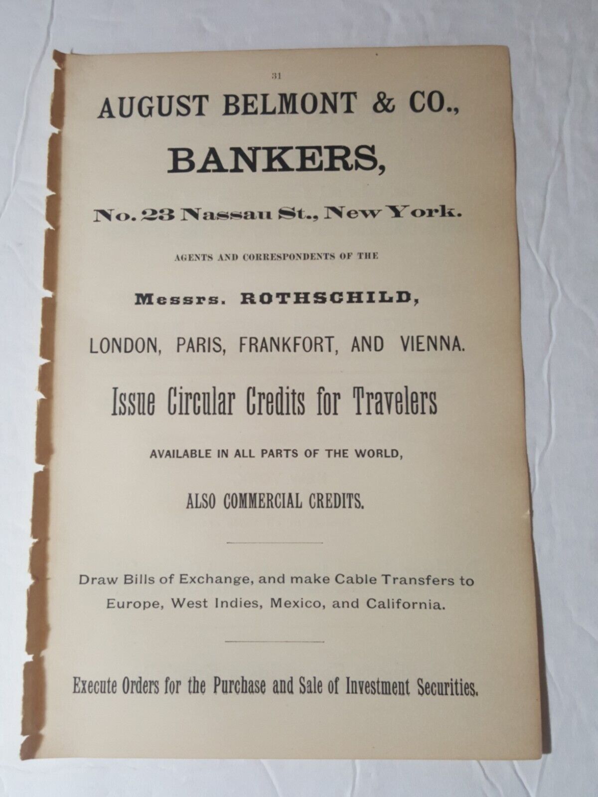 1895 print ad AUGUST BELMONT & COMPANY BANKERS Securities 23 Nassau St NYC 