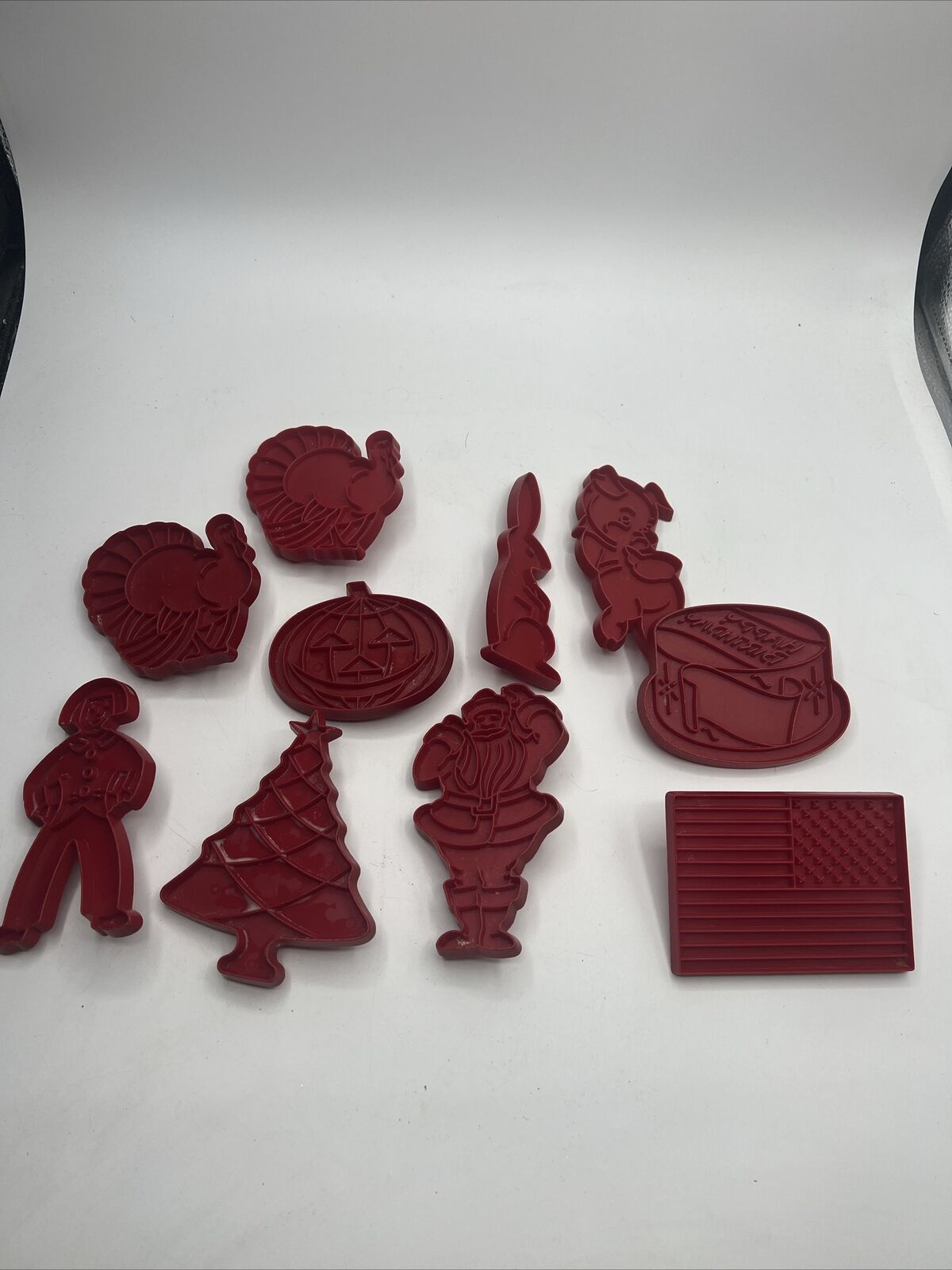 10 Vintage Tupperware Red Plastic Cookie Cutters- Christmas Flag Birthday & More
