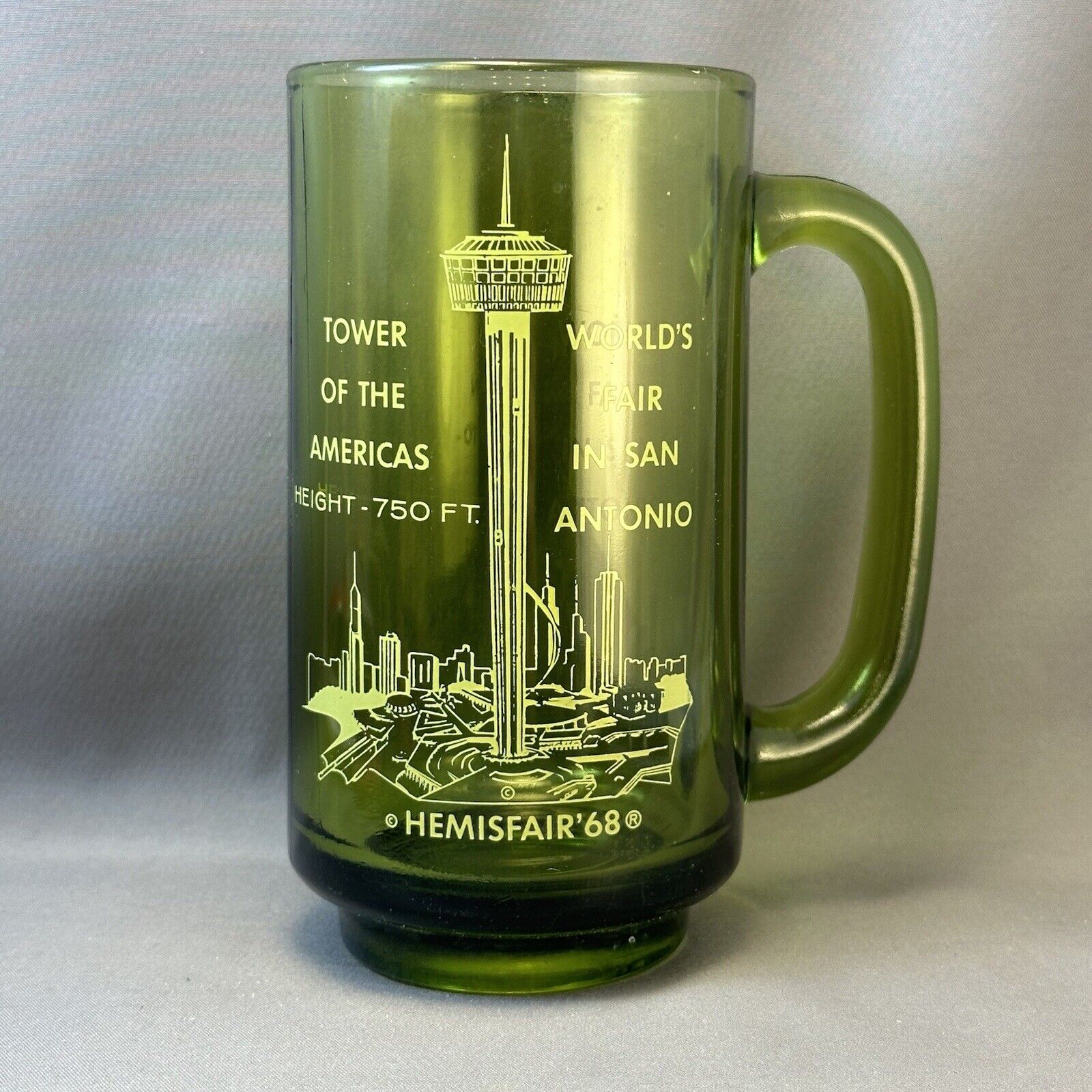 Vintage World’s Fair San Antonio Hemisphere ‘68 1968 Green Glass Beer Mug Stein