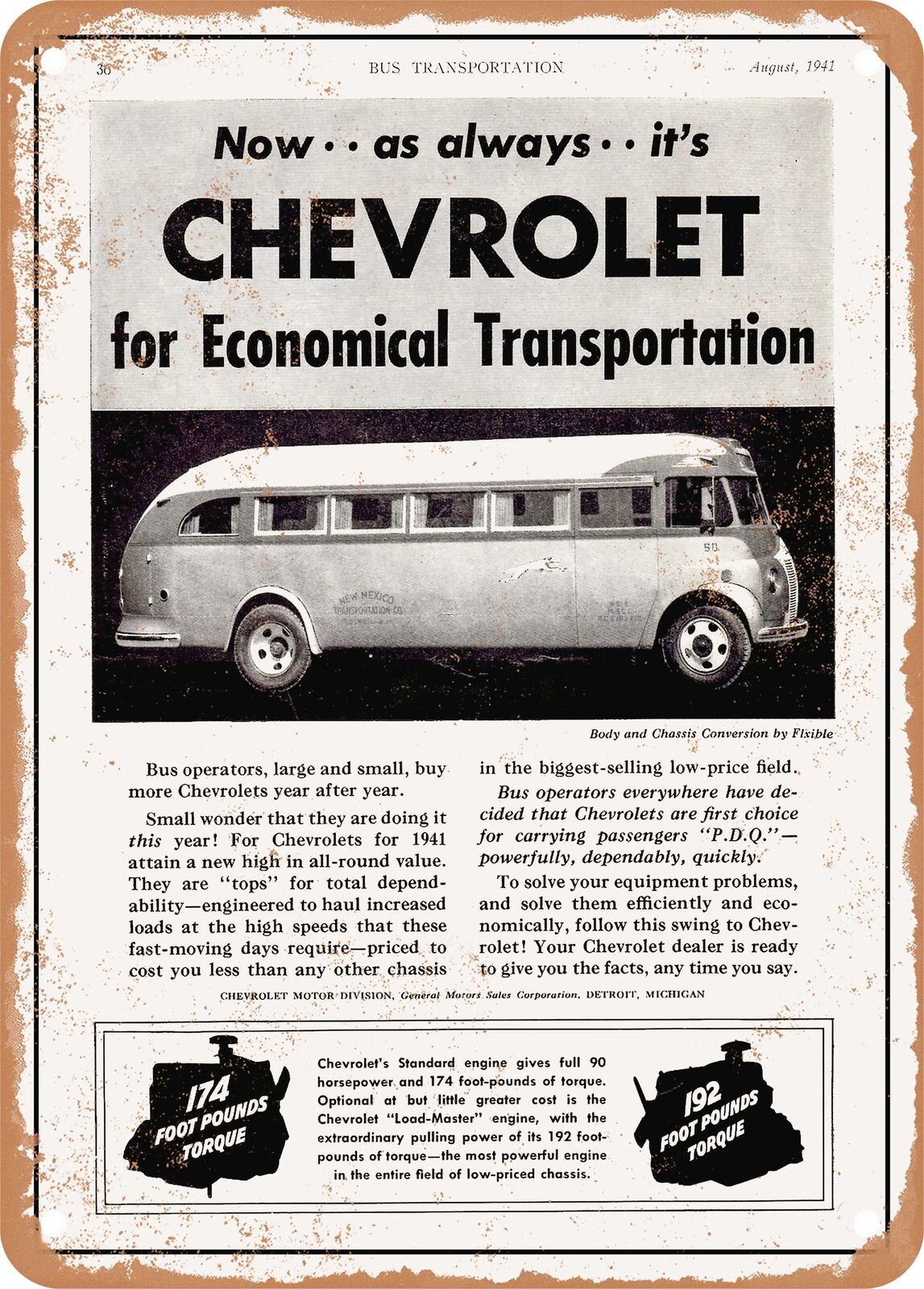 METAL SIGN - 1941 Chevy Bus by Flxible Vintage Ad