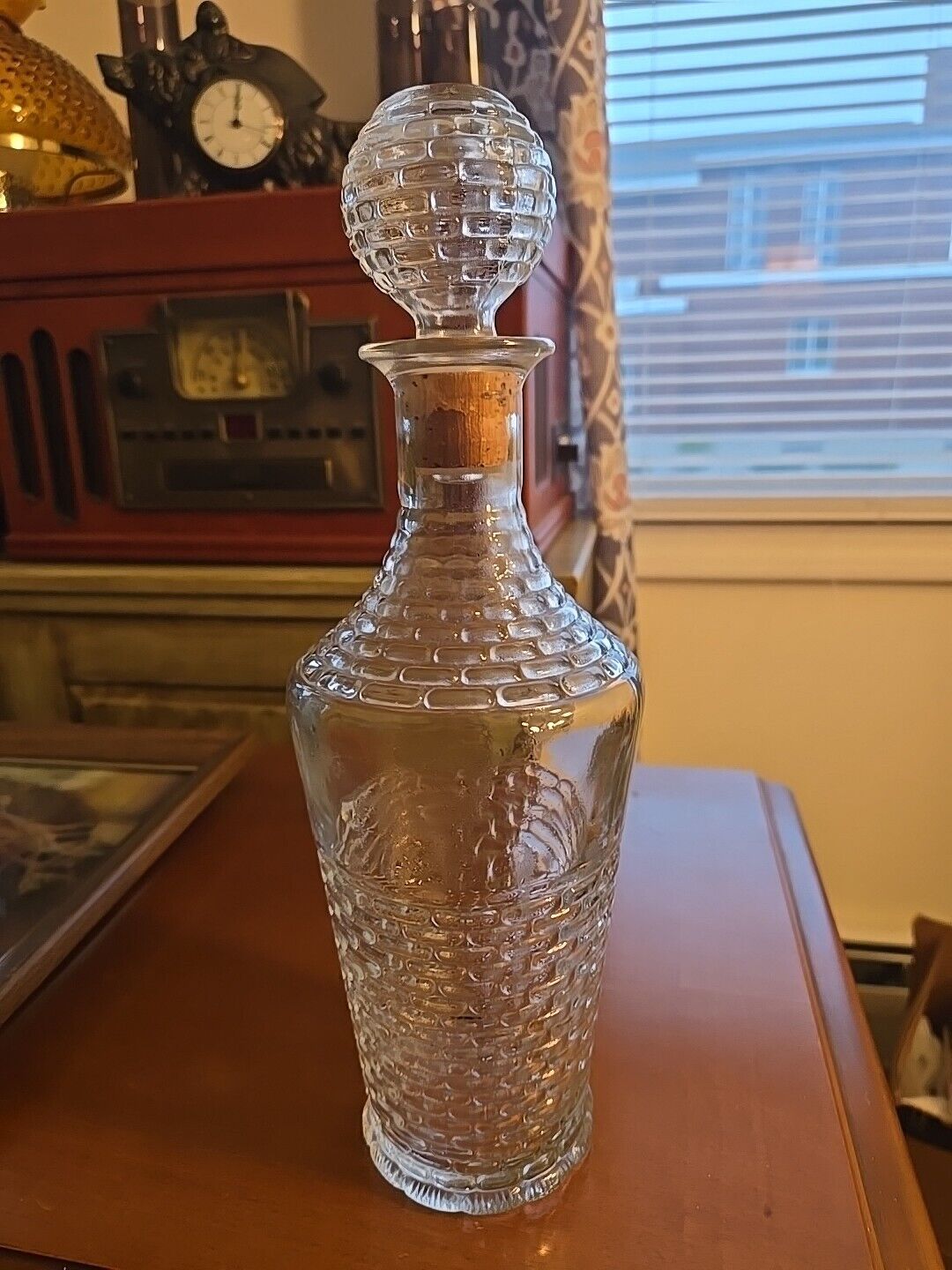 Vintage MCM 1960s Clear Glass Decanter With Brick Pattern.