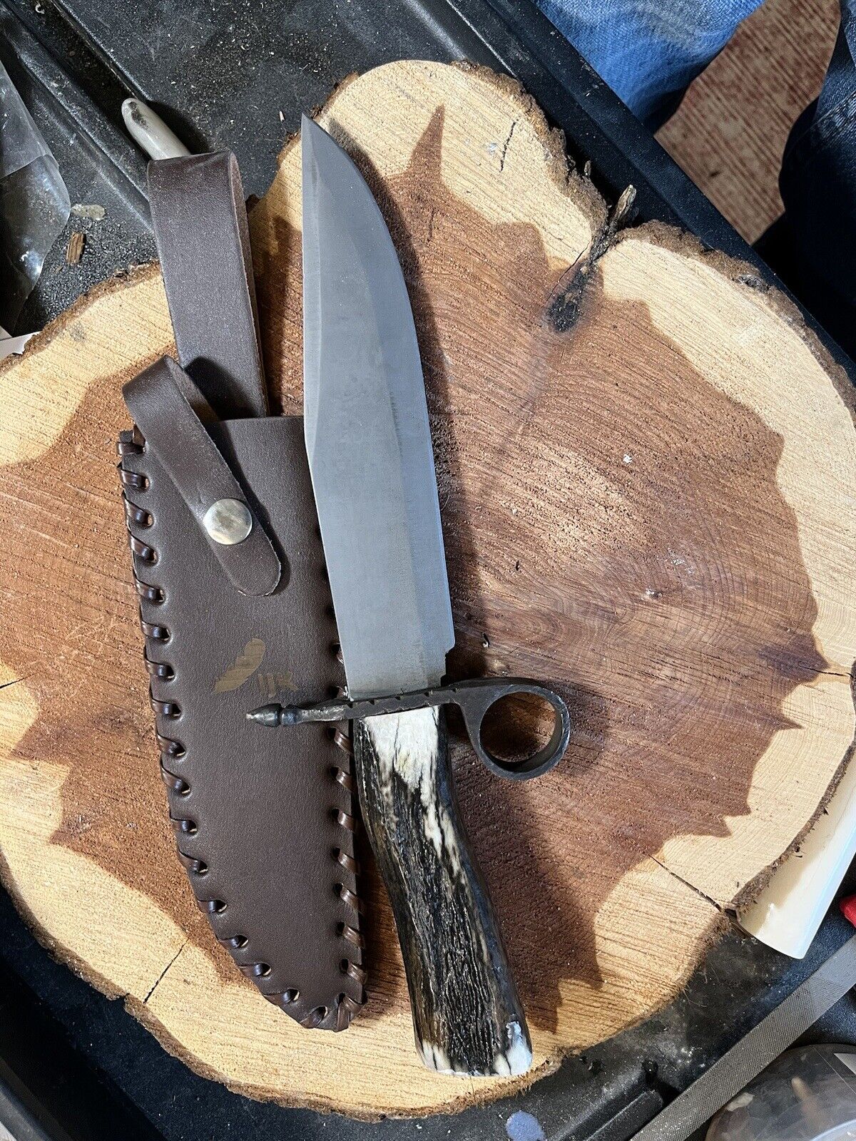 Old West Western Antler Ijk Knives Bowie Knife Carbon Steel Custom Sheath