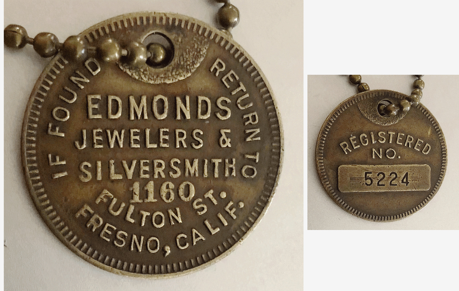 Vintage Brass Charge Coin: EDMONDS JEWELERS & SILVERSMITHS; Fresno CA