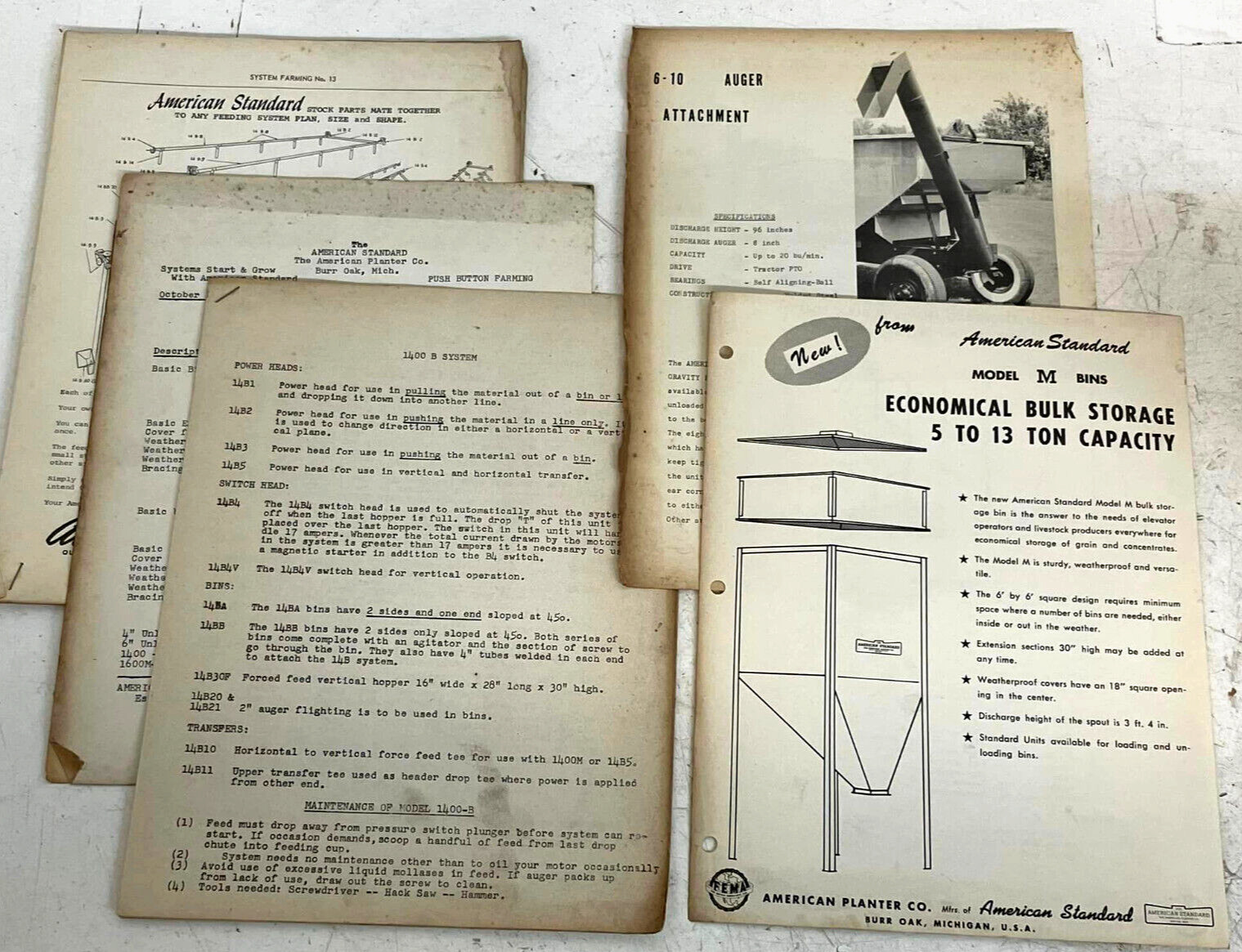 Vtg 1950s American Standard Planter Co Farm Bins Auger+ Diagram Brochure Bundle