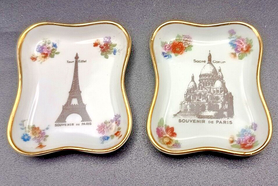 (2) FRENCH LIMOGES JEWELRY TRINKET DISH TRAY PIN GILDED PARIS ICONS c1950 v/g