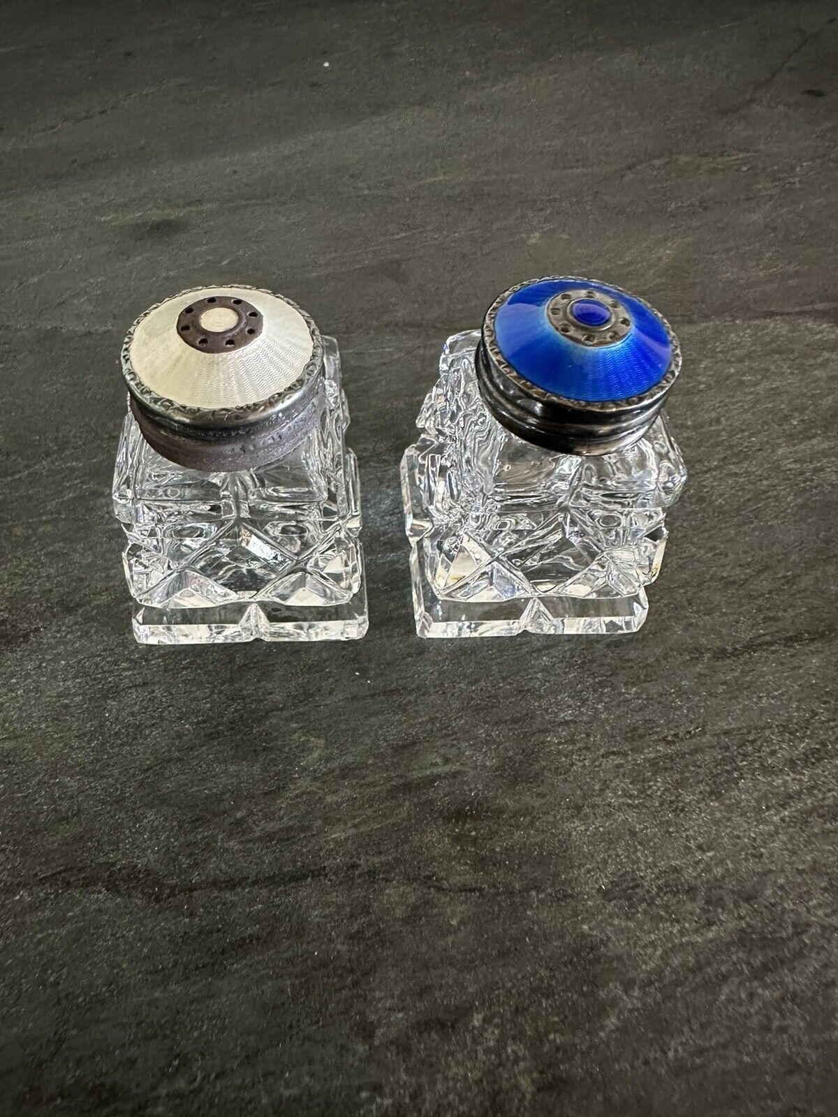 Pair of Vintage Norway Sterling and Guilloche Enamel Crystal Salt Pepper Shakers