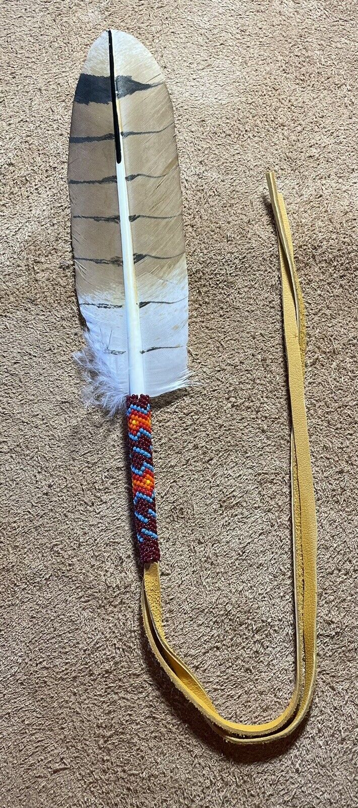 Native American Sioux Beaded Imitation Red Tail Hawk  Feather