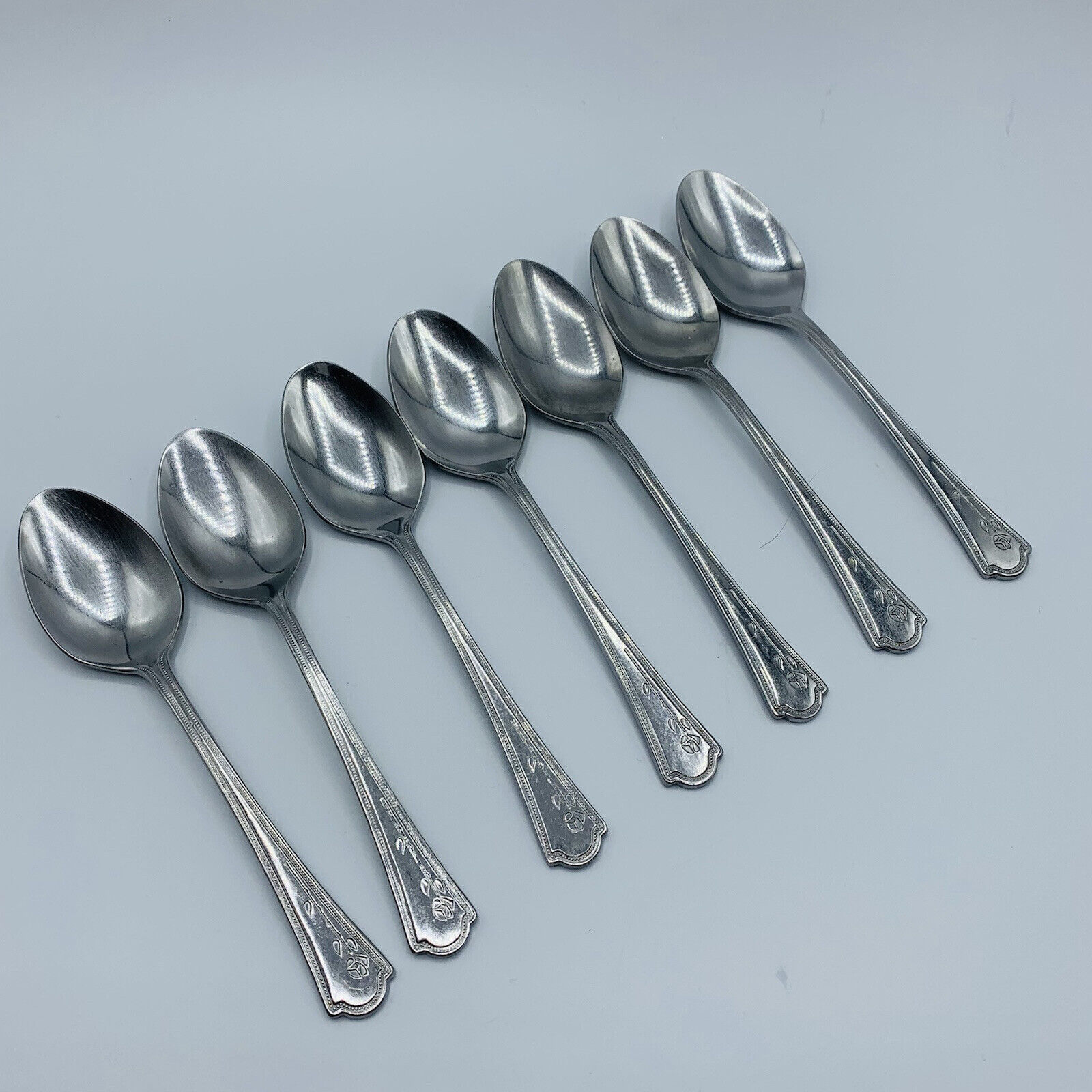 Set of 7 Stainless Teaspoons UNF 168 Glossy Floral Made in Korea Flatware