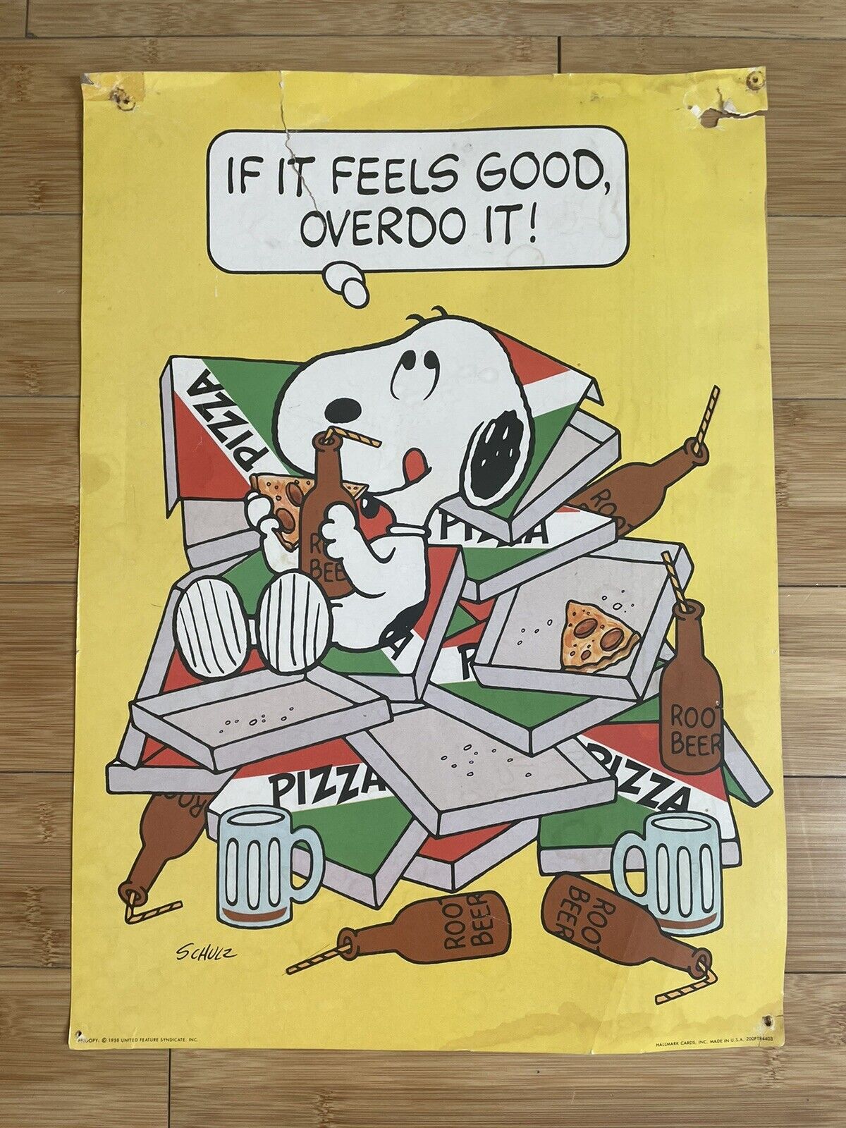 Vintage 1958 Poster Snoopy IF IT FEELS GOOD OVERDO IT SCHULZ  Peanuts