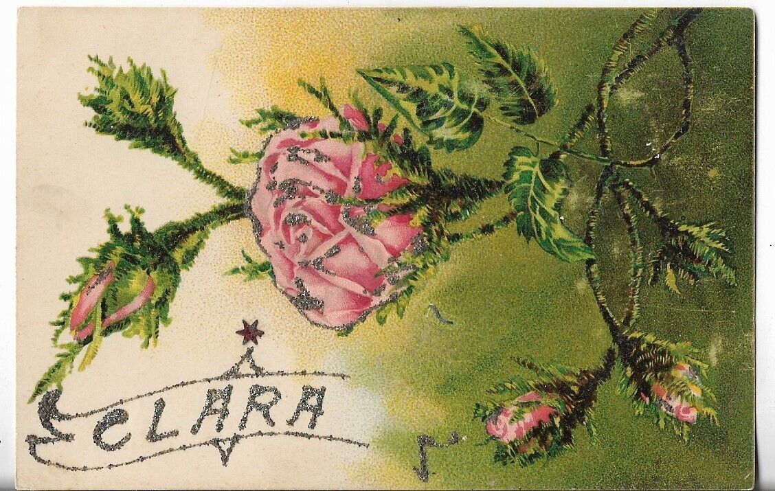 Vtg Postcard - Glittered Pink Rose w/Green Stems Leaves \