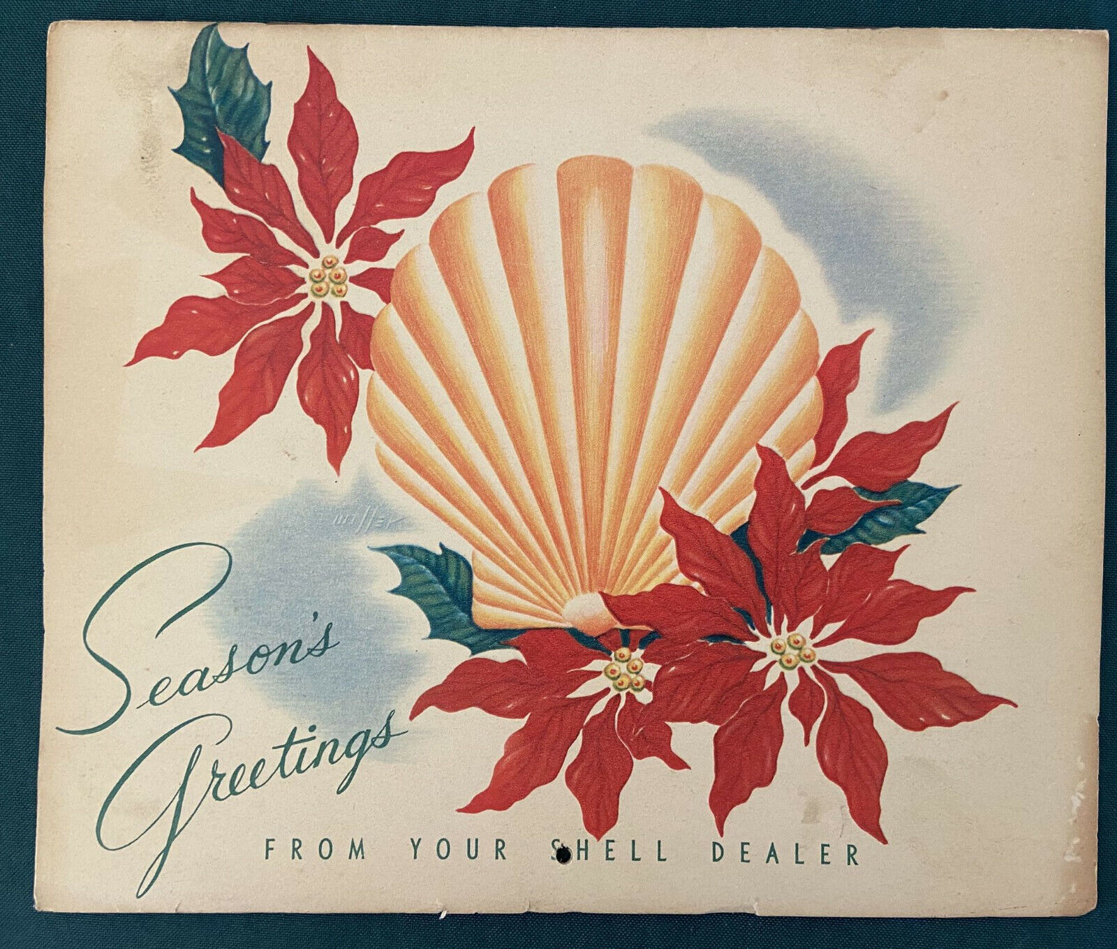 1947 Seasons Greetings Shell Oil Christmas Calendar Dealer Wall-Tox DDT Flowers