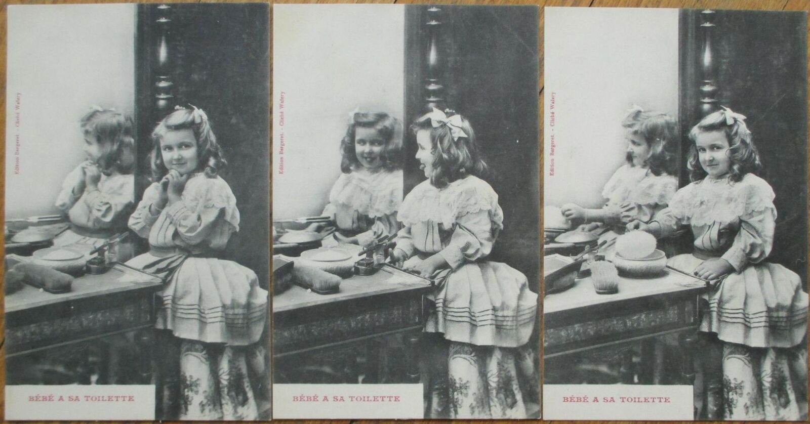 Vanity, Little Girl 1905 SET OF THREE French Fantasy Postcard-Bebe A Sa Toilette