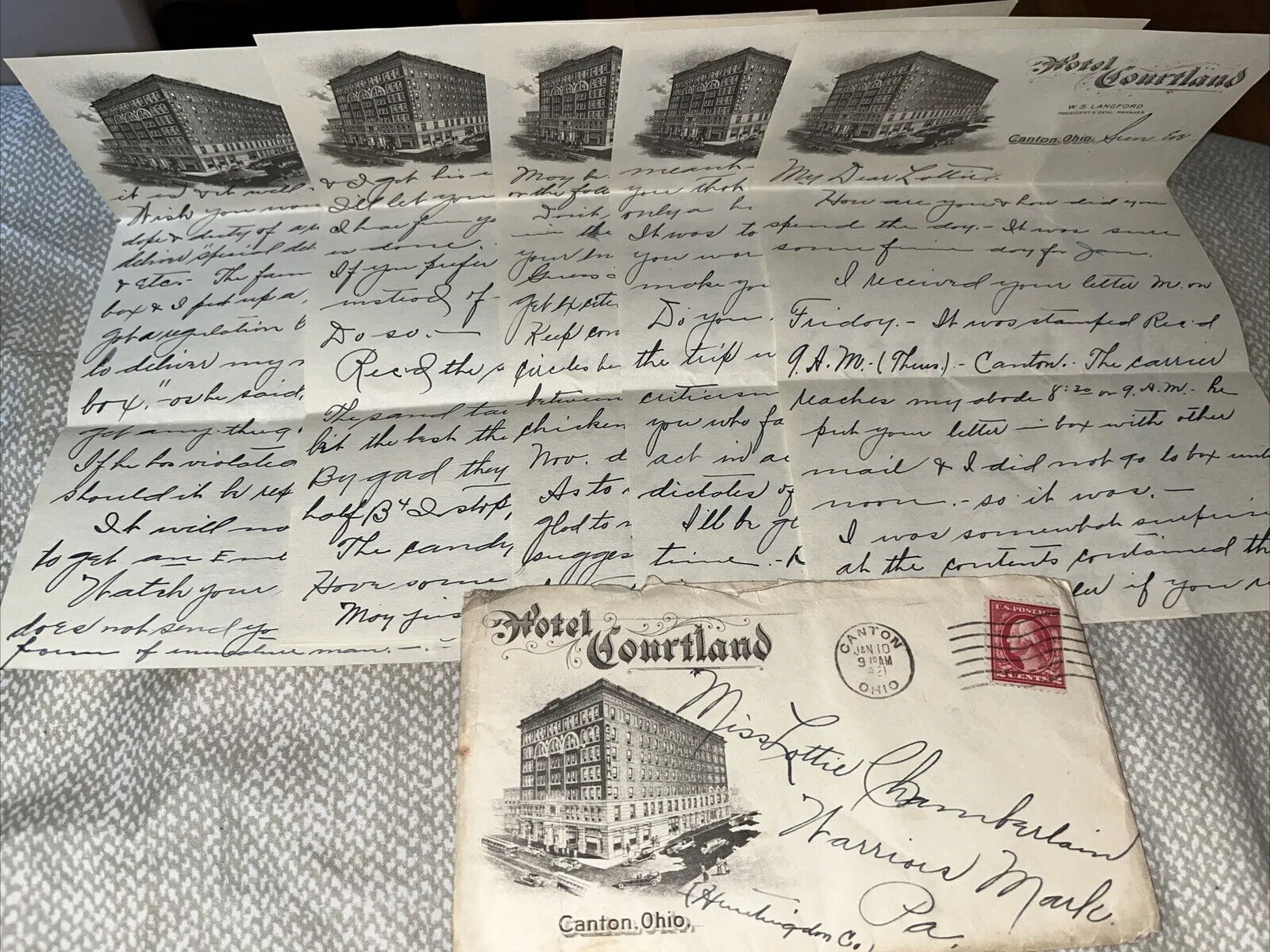 Antique 1921 Letter on Hotel Courtland Letterhead Canton Ohio OH to Pennsylvania
