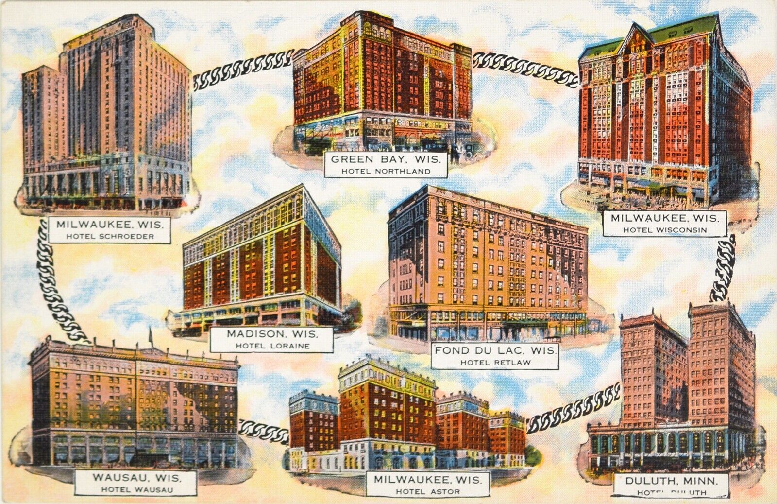 BUILDINGS (ADVERTISING) FROM MILWAUKEE WISCONSIN MULTI-VIEW POSTCARD 1930-1945