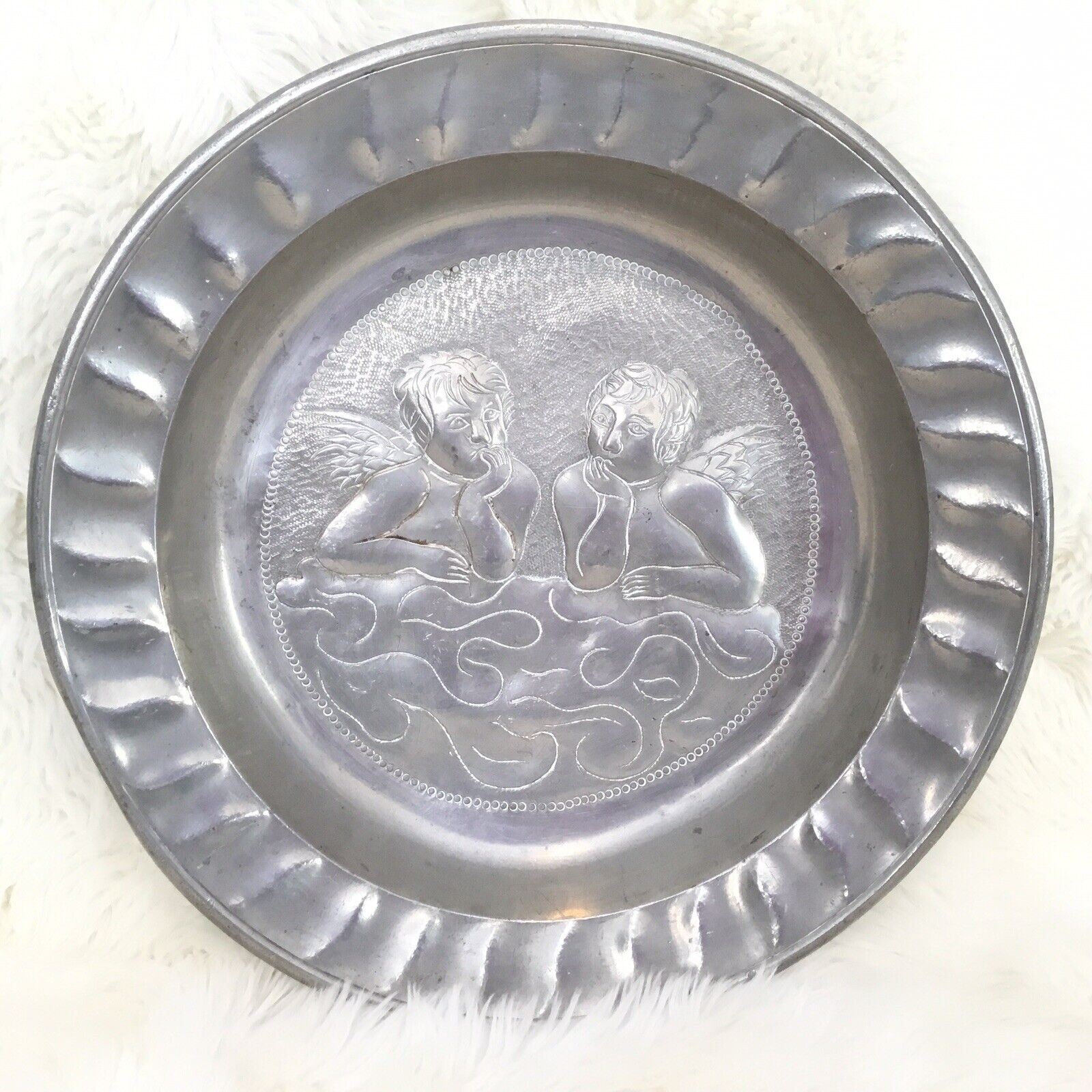 Antique Pewter Plate Hand Tooled Repouse Angels in the Clouds 17th-18th-19th c.?