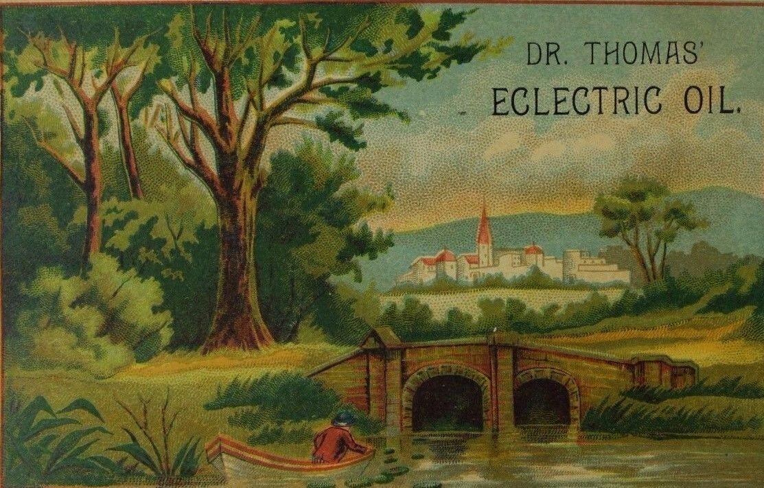 1870\'s-80\'s Dr. Thomas\' Eclectric Oil Cure-All Village Scene Lake Boat Woods F95