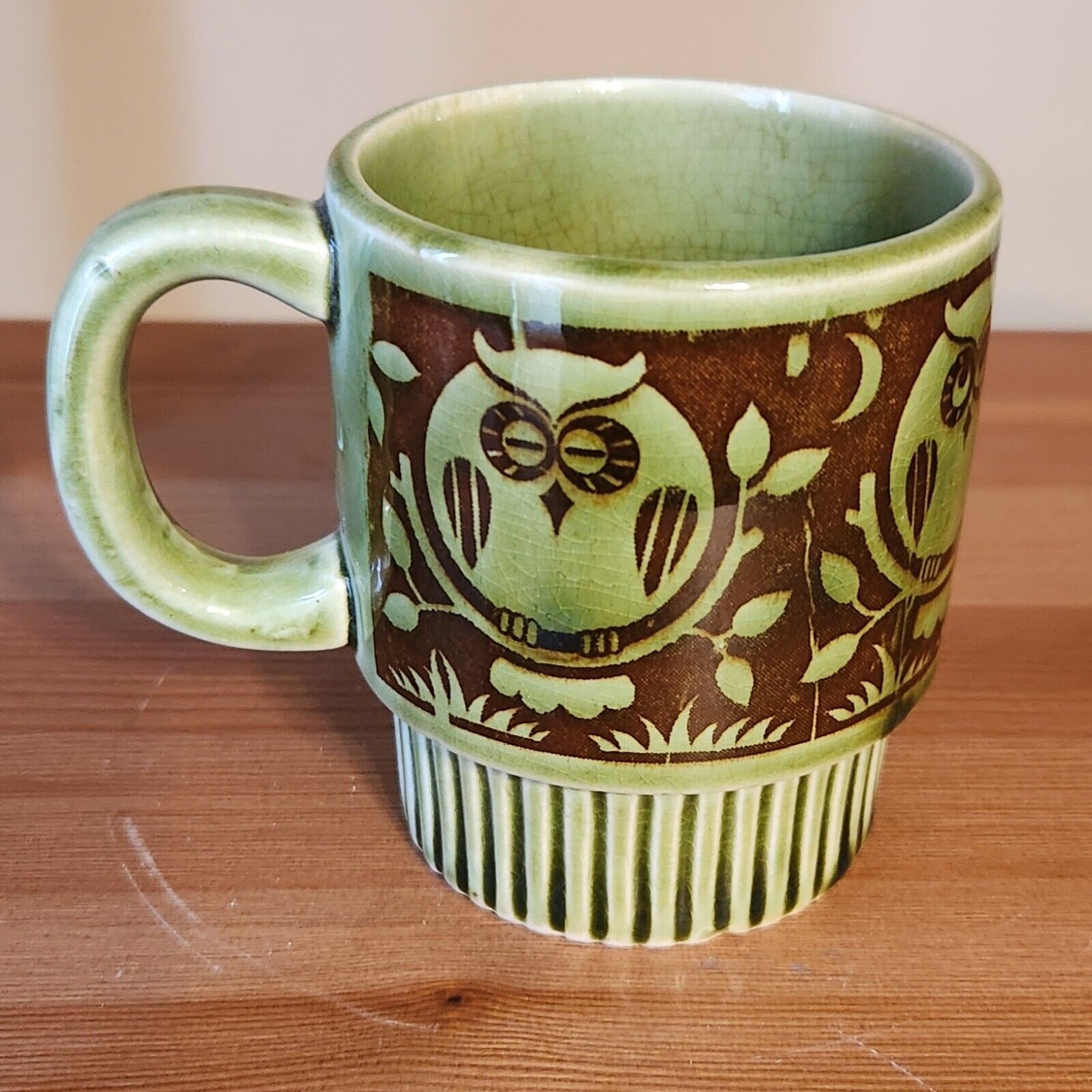 Vintage Japan Marked Olive Green & Brown Perched Owls on Branches Retro Ceramic