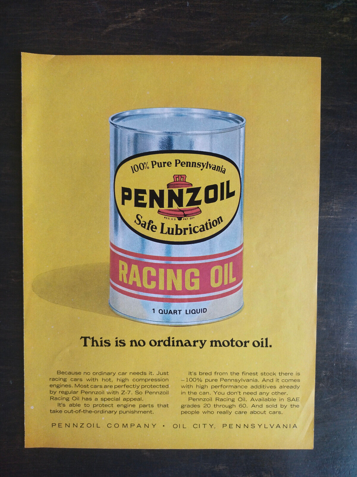 Vintage 1968 Pennzoil Racing Oil Full Page Original Ad 1223