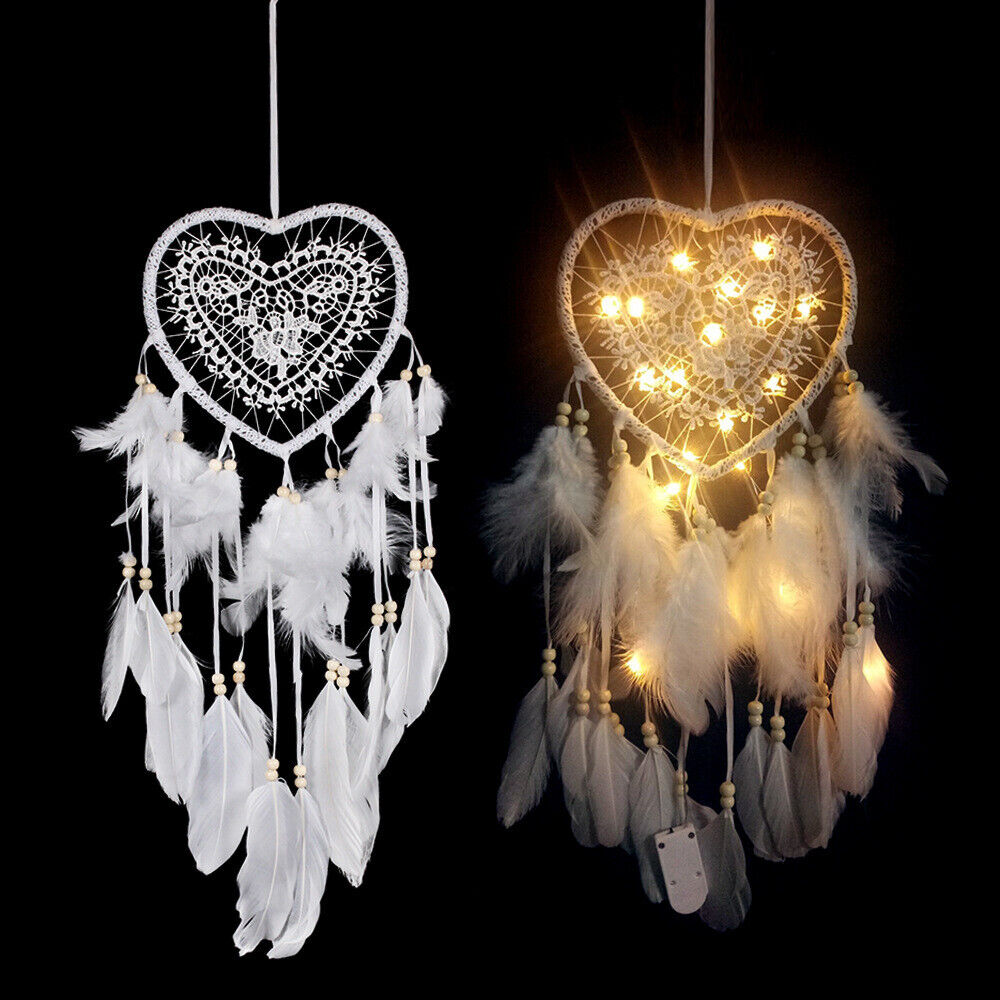 LED Light Love Heart Dream Catcher Kids White Feather Handmade Gift Wall Hanging
