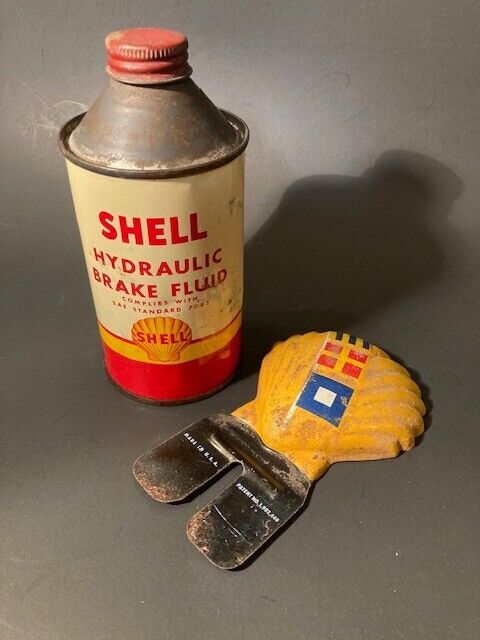 Vintage Shell Oil Brake Fluid Can and License Plate Topper Lot