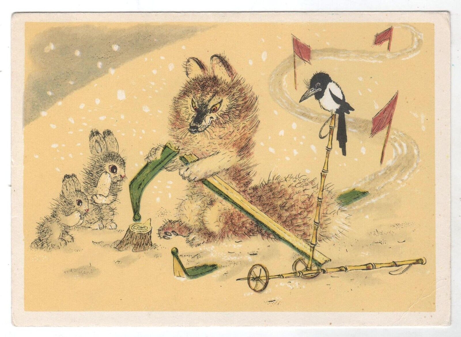 1966 Fairy Tale Fanny WOLF BUNNY MARPLE Ski is broken ART RUSSIAN POSTCARD Old