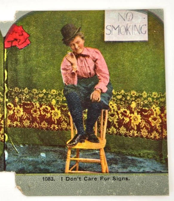 I Don\'t Care For Signs~1870s Victorian Stereoview~No Smoking~Rule Breaker~1083