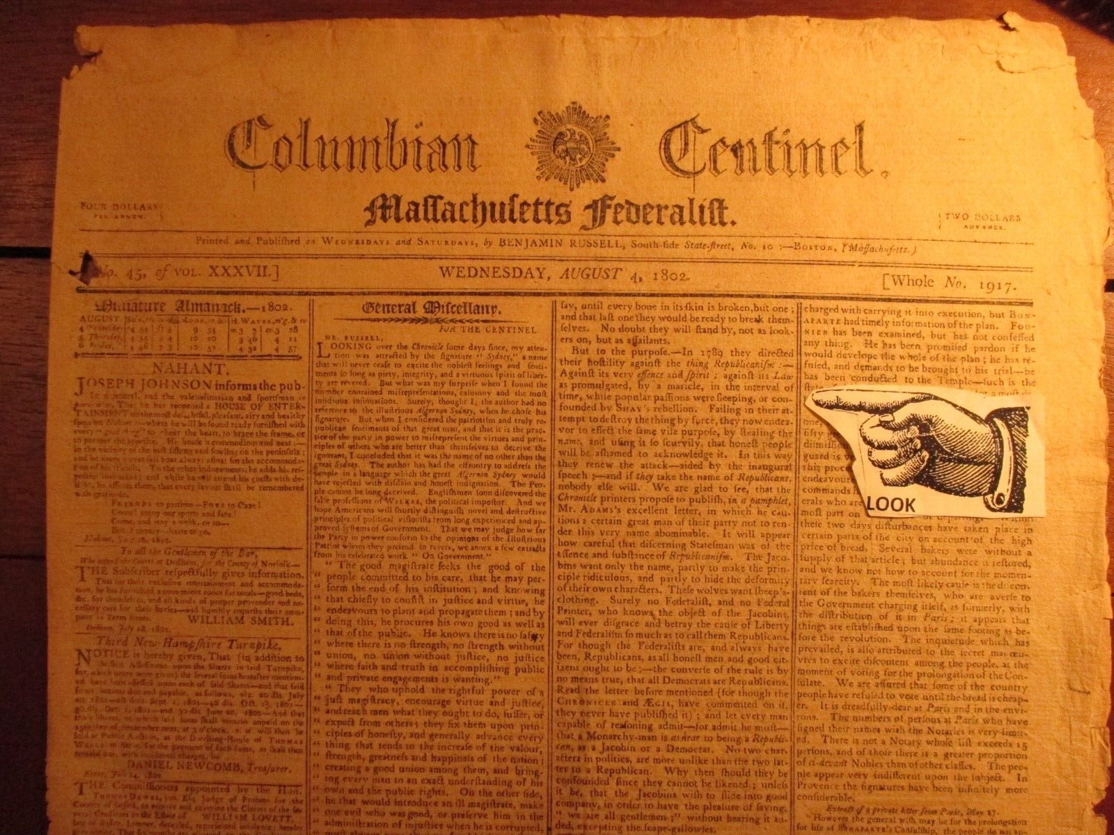 ANTIQUE NEWSPAPER 1802 (Napolean) \