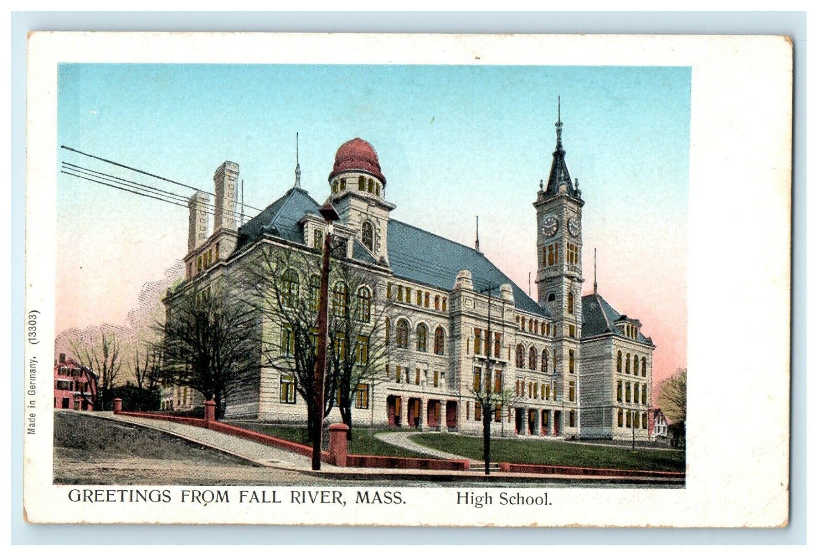 1906 Copper Windows High School Greetings from Fall River Massachusetts Postcard