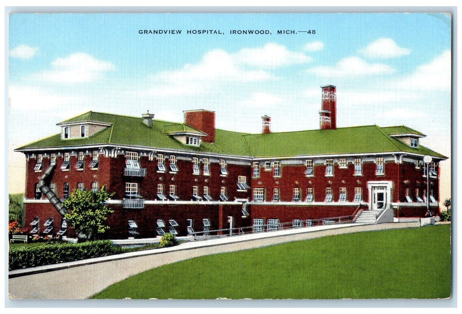 c1950's Grand View Hospital Building road Entrance Ironwood Michigan MI Postcard