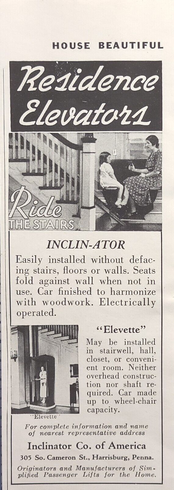 Inclin-ator Residence Elevator Elevette Harrisburg PA Vintage Print Ad 1937