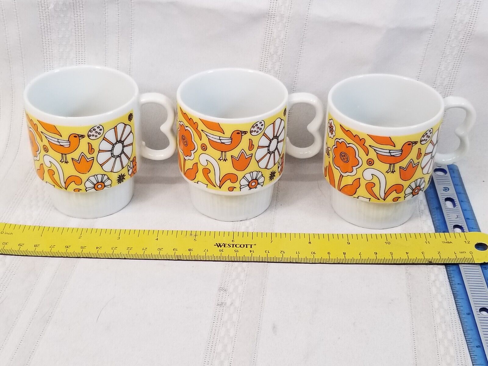 3 Stylecraft MCM Flower Birds Japan Stacking Coffee Mugs Cups Orange Yellow