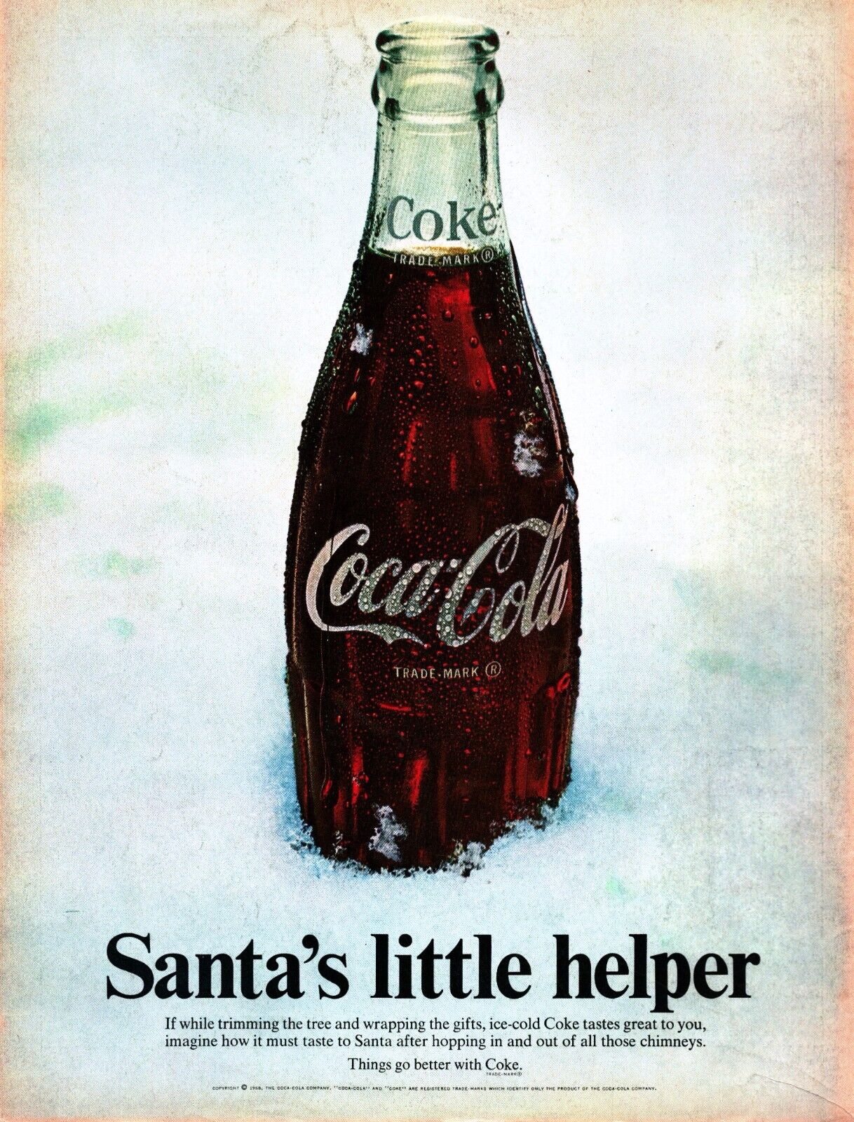 1968 Coca Cola Vintage Print Ad Santas Little Helper Christmas Snow Green Glass 