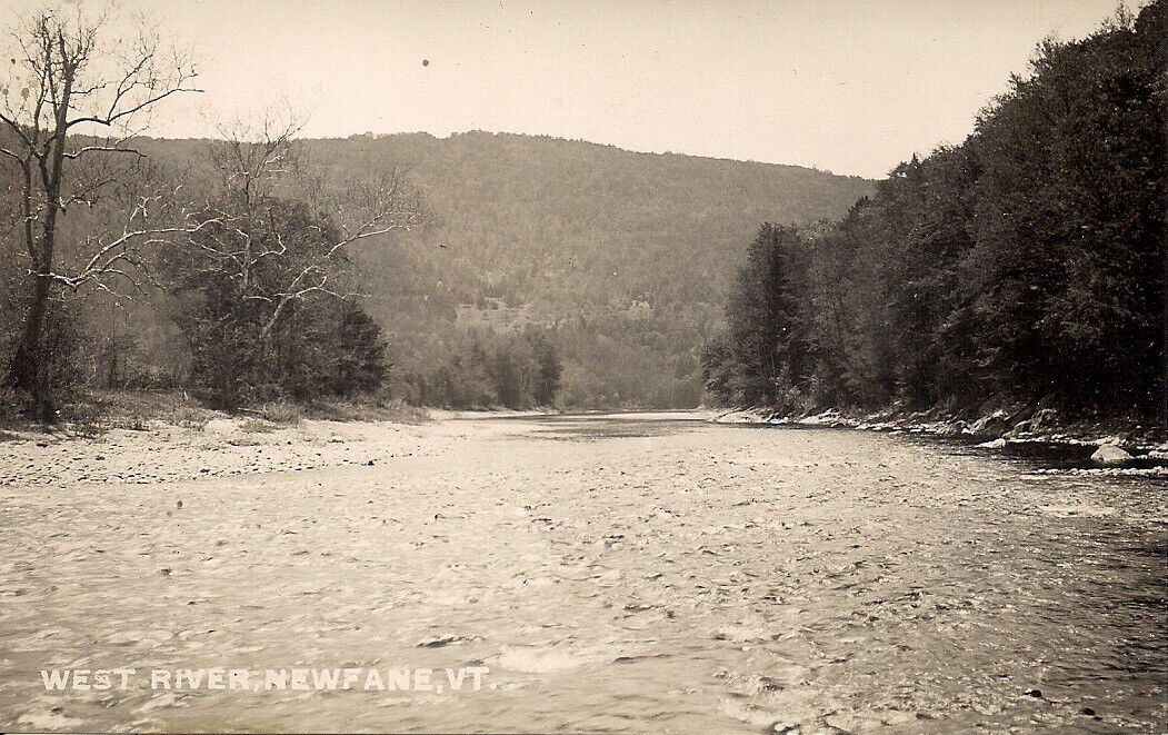 RPPC Newfane VT, West River, Mountains, Defender 1920-45, Vermont Real Photo