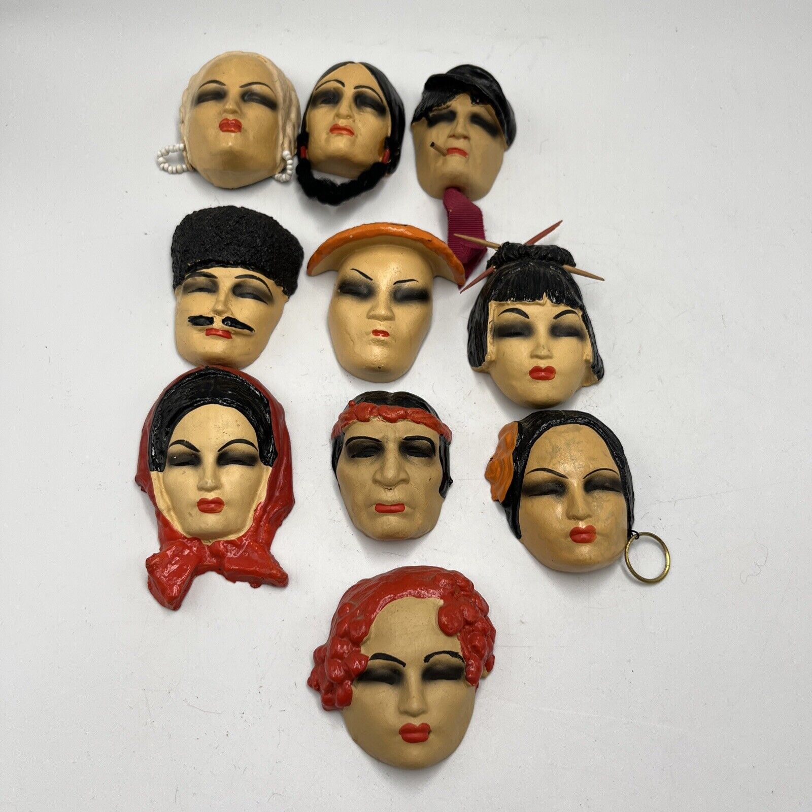 VTG 1930s Hand Painted Miniature Masks - LOT OF 10 - Extremely Rare