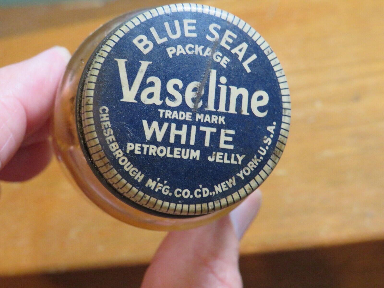 vintage Blue Seal Vaseline White Petroleum Jelly 1 3/4OZ Jar Bottle advertising 