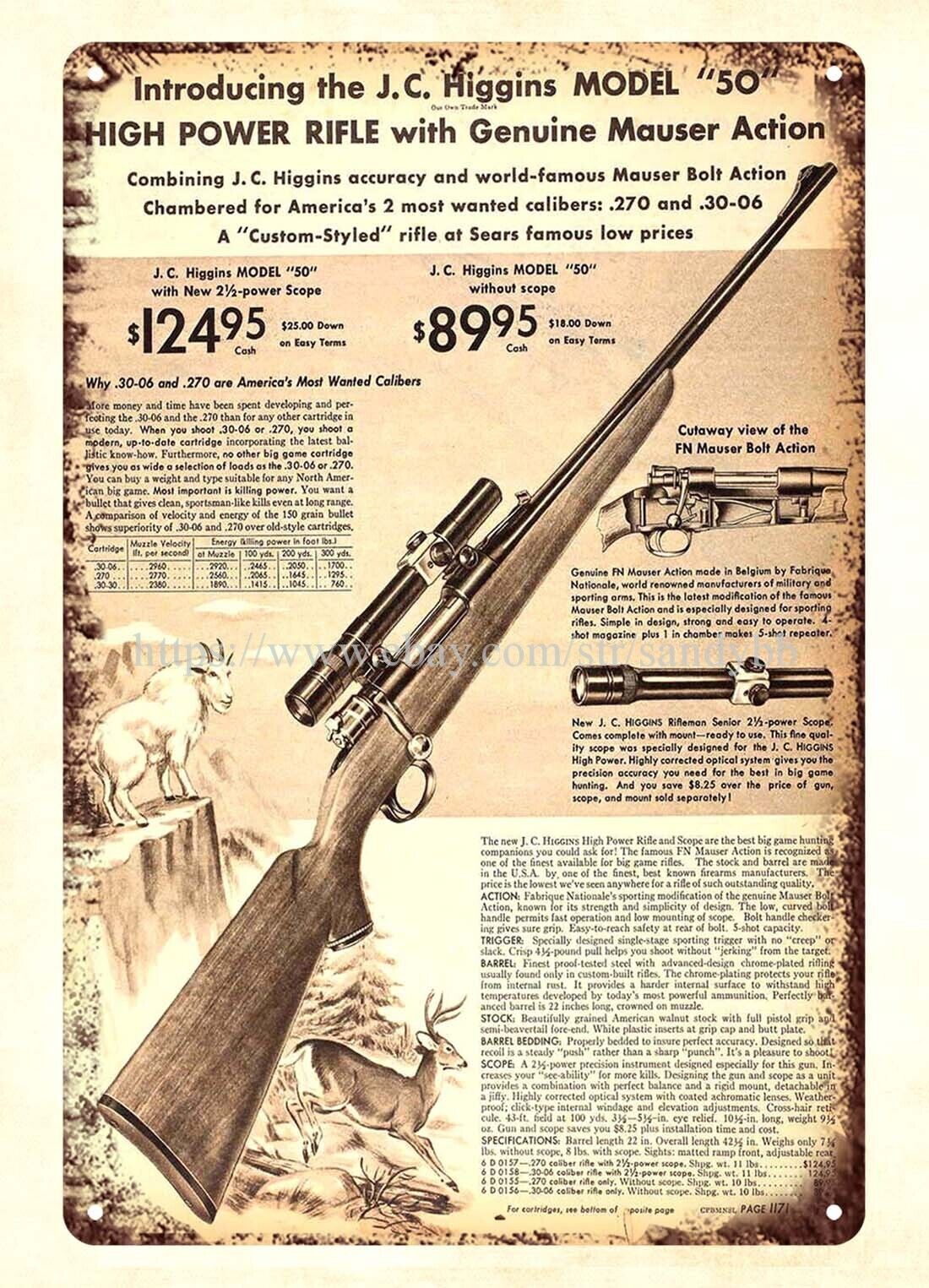 advertising wall decal 1950s JC Higgins Model rifle metal tin sign