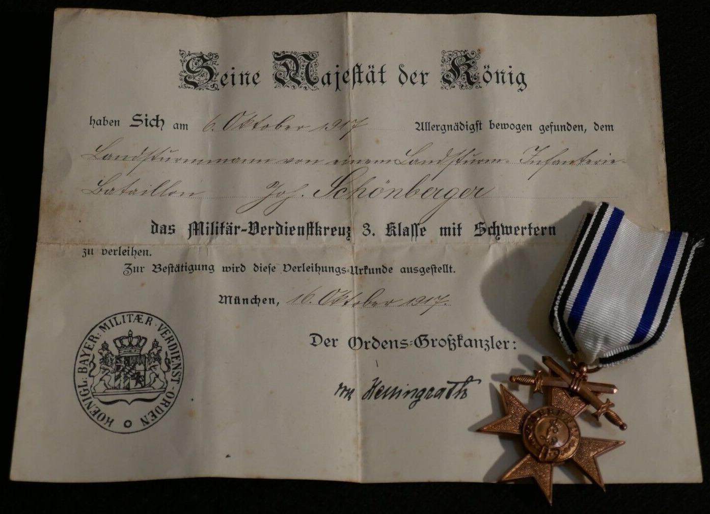 WWI Imperial Bavarian Military Service Cross 3d Class w/ Swords & Award Doc 1917