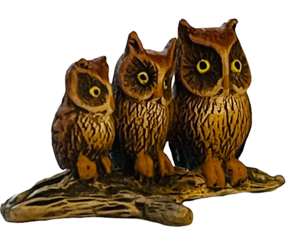 MINIATURE OWL FAMILY PEWTER ON BRANCH SIGNED IMAGE CO. HAND-PAINTED YELLOW EYES