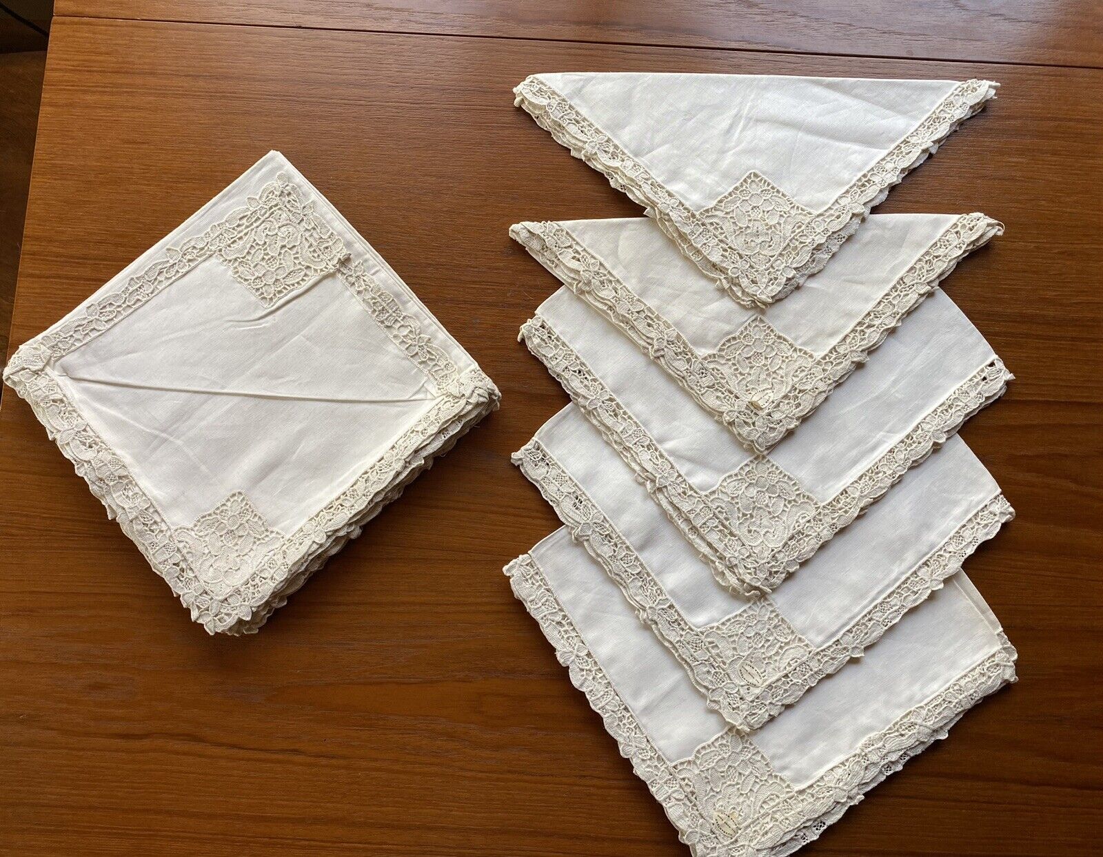 Antique Vintage  11 NOS Handmade Linen Napkins w/ Cotton Lace Edging  20\