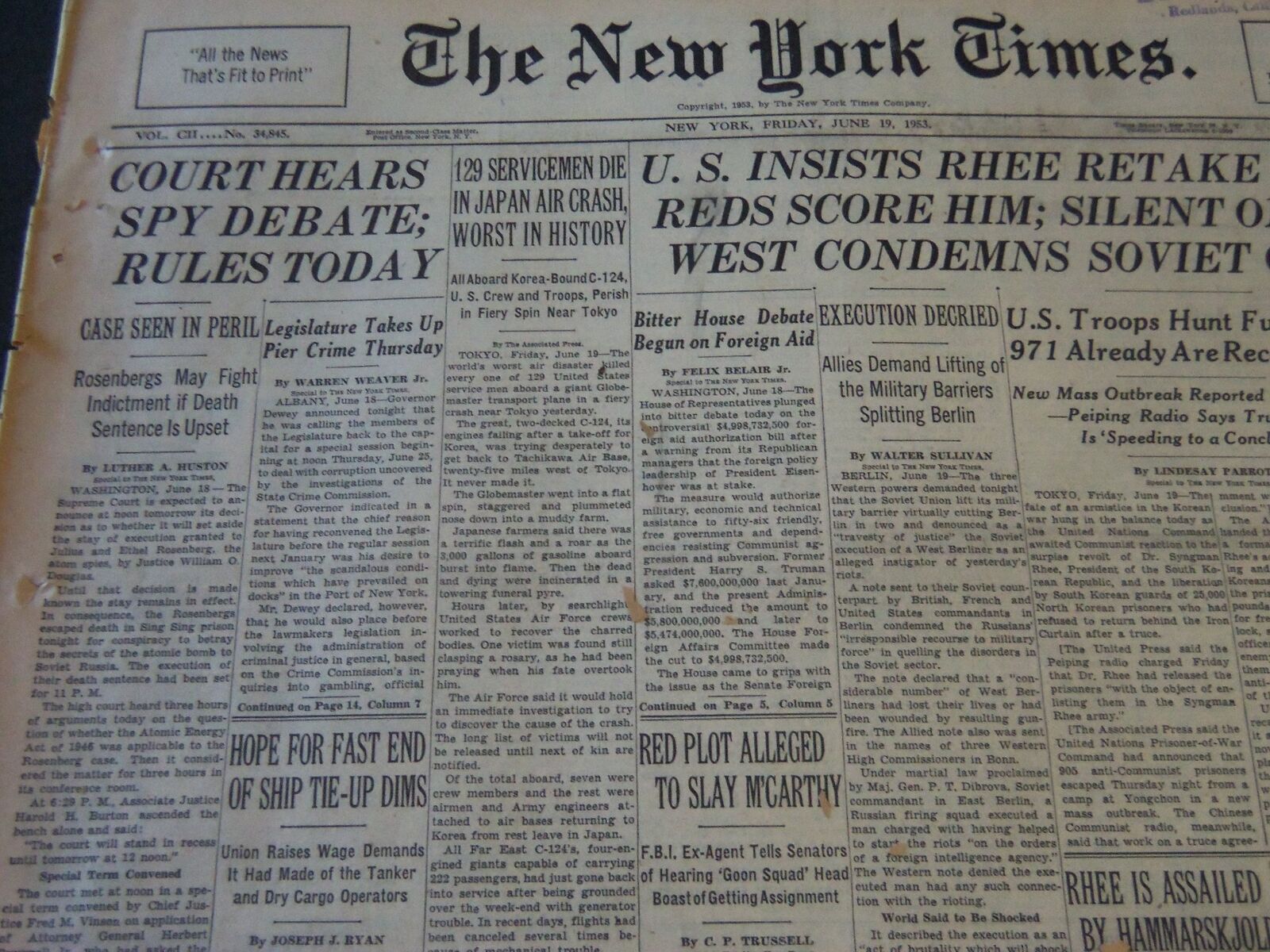 1953 JUNE 19 NEW YORK TIMES - COURT HEARS SPY DEBATE RULES TODAY - NT 6310