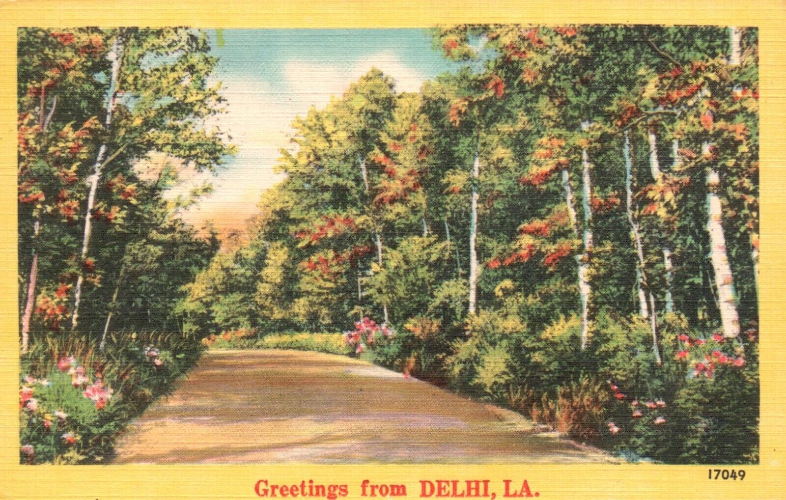 Postcard LA Greetings from Delhi Louisiana Tree Lined Road Vintage PC b8832