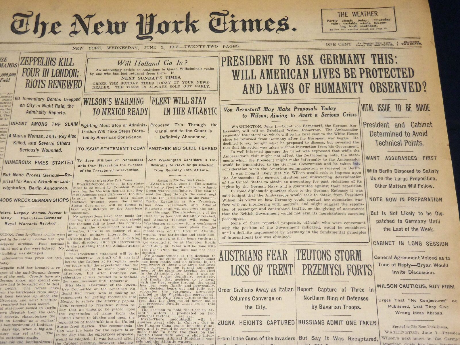 1915 JUNE 2 NEW YORK TIMES - WILL AMERICAN LIVES BE PROTECTED - WILSON - NT 7692