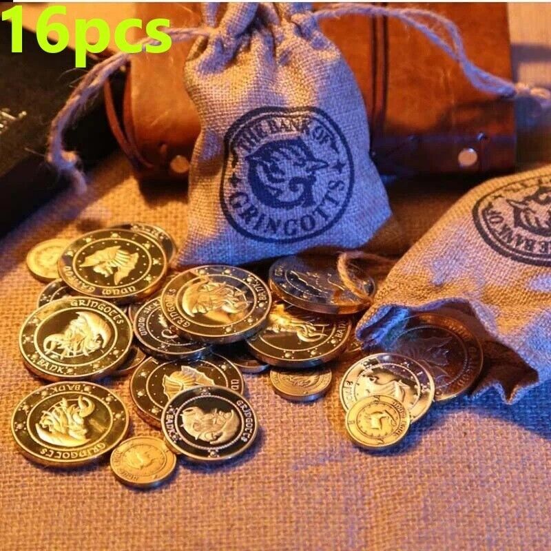 16 Pc Harry Potter Gringotts Bank Coins & Bag HP Hogwarts Wizarding World, Noble