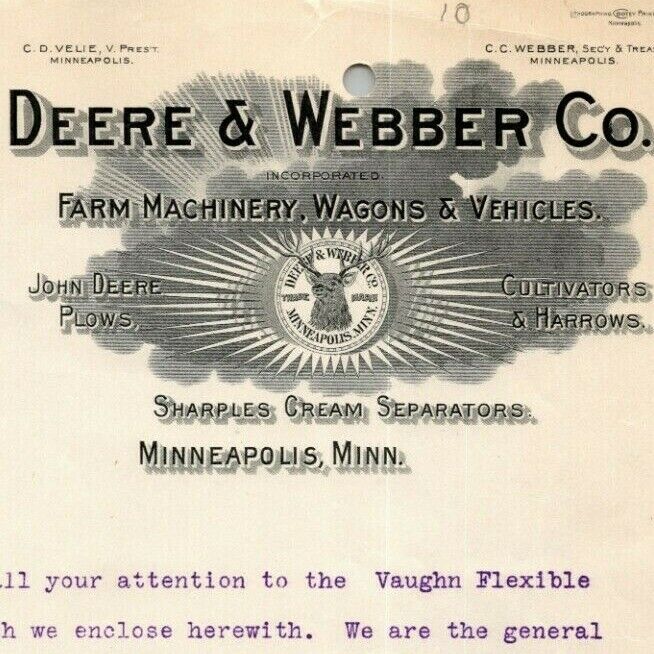 Scarce 1908 John Deere / Deere & Webber Letterhead - Vaughn Flexible Harrow