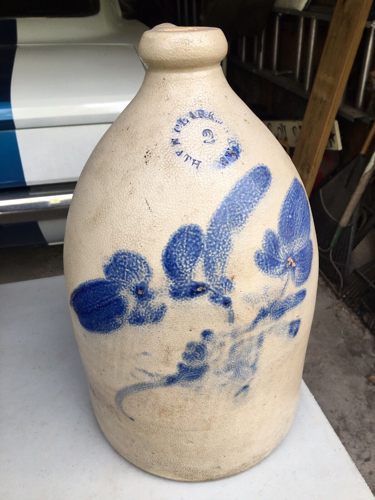 Large 2G Antique Cobalt Decorated Country Stoneware Jug by N Clark Jr, Athens NY