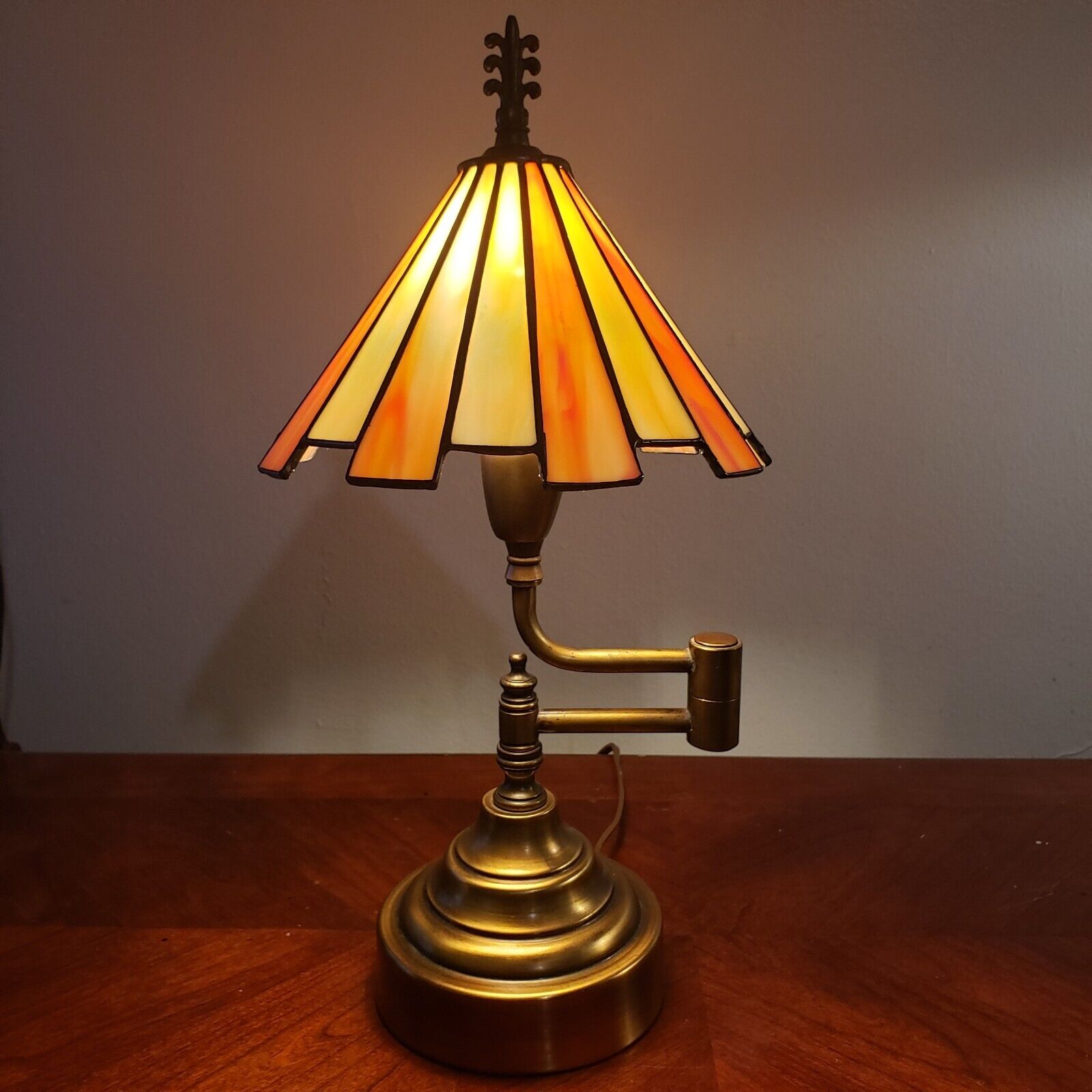 Vintage Mid-Century Tiffany-Style Stained Glass & Brass Swing Arm Desk Lamp