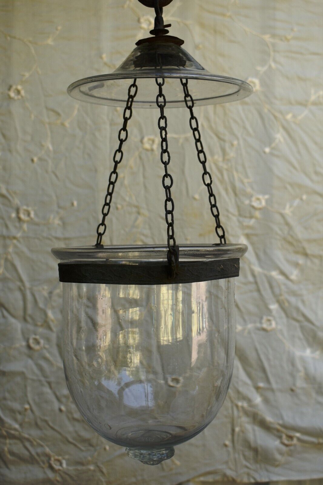 Antique Anglo Indian Bell Jar Lantern Hundi Belgian Lamps Glass Suspendu Old