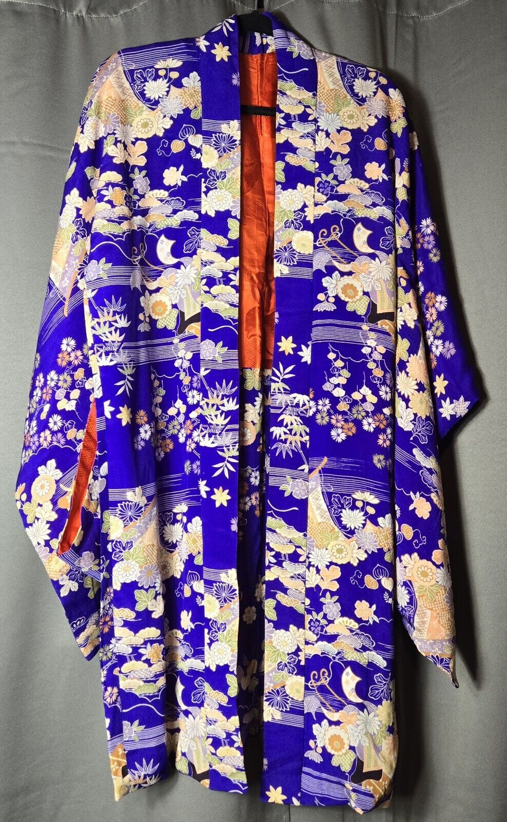 Japanese Kimono Robe Floral Purple Traditional Kimono Sleeve Partially Lined